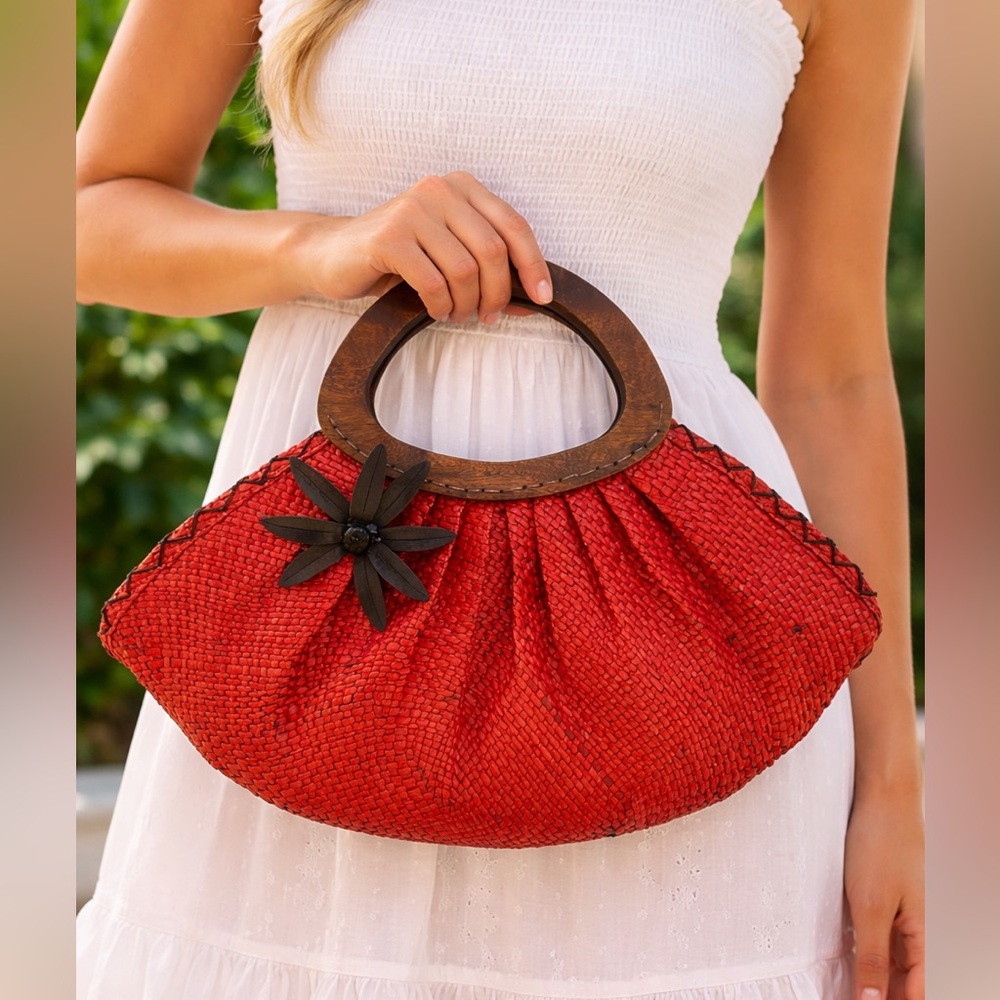 Relic Raffia Straw Handbag Wooden Handle Boho Y2K Summer Purse Kentucky Derby